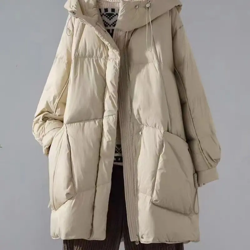 fashion Down padded jacket women Parkas 2025 winter new hooded Mid-Length Pockets thick Warm cotton Clothes loose overcoat T669
