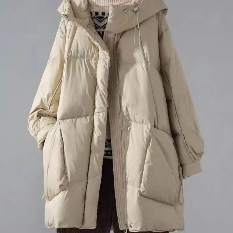 fashion Down padded jacket women Parkas 2025 winter new hooded Mid-Length Pockets thick Warm cotton Clothes loose overcoat T669