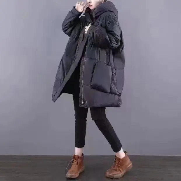fashion Down padded jacket women Parkas 2025 winter new hooded Mid-Length Pockets thick Warm cotton Clothes loose overcoat T669