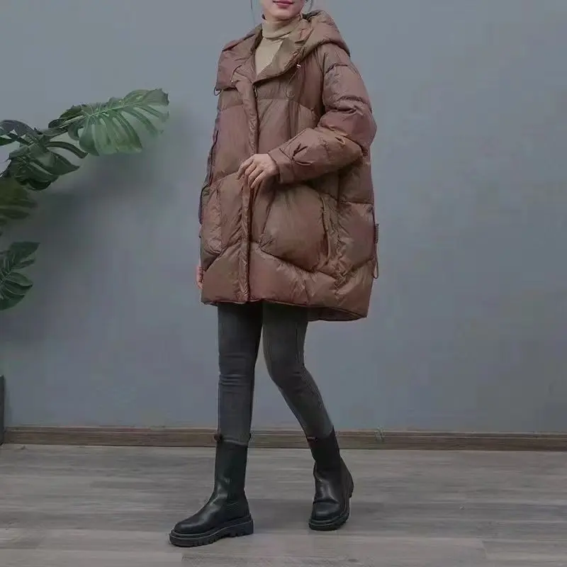 fashion Down padded jacket women Parkas 2025 winter new hooded Mid-Length Pockets thick Warm cotton Clothes loose overcoat T669