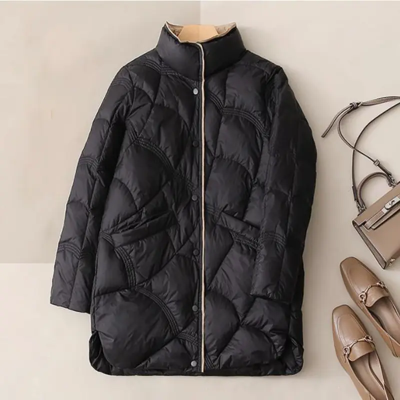SEDUTMO Long Women Duck Down Jackets Ultra Light Winter Vintage Slim Coat Autumn Casual Warm Black Quilted Parkas ED2057