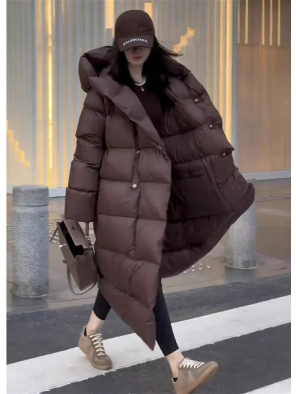 Knee Length Hooded Down Jacket for Women's Winter New Loose White Duck Down Thickened Warm Jacket 2024