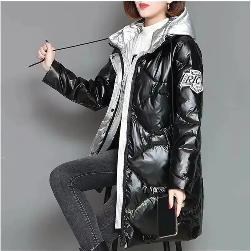 Winter Spliced Glossy Down cotton Jacket Women's Clothing 2024 Winter Female New Thicken Parka Warm Loose Hooded cotton Coats