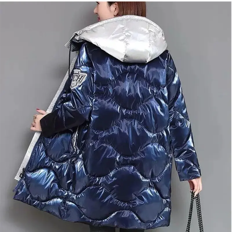 Winter Spliced Glossy Down cotton Jacket Women's Clothing 2024 Winter Female New Thicken Parka Warm Loose Hooded cotton Coats