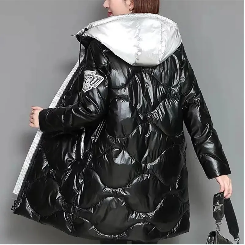 Winter Spliced Glossy Down cotton Jacket Women's Clothing 2024 Winter Female New Thicken Parka Warm Loose Hooded cotton Coats