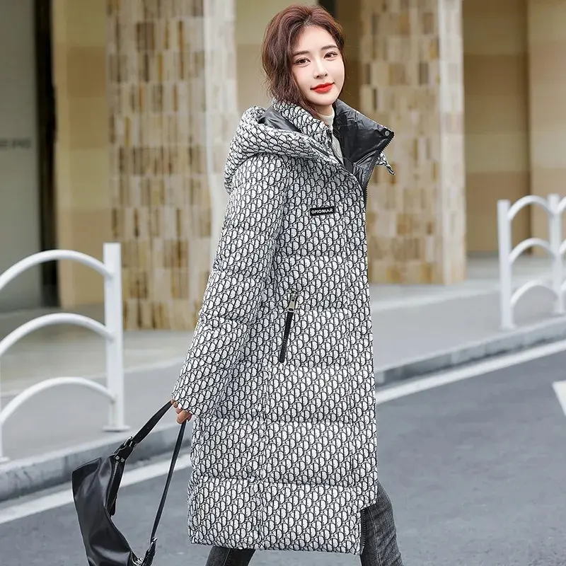 Winter Jacket Detachable Hat Printed Down Cotton Coat 2025 New Paraks Thicken Warm Long Padded Coat Womens Cothing Outerwear