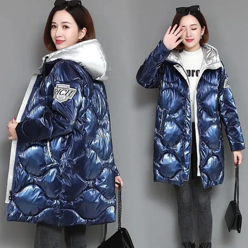 Winter Spliced Glossy Down cotton Jacket Women's Clothing 2024 Winter Female New Thicken Parka Warm Loose Hooded cotton Coats