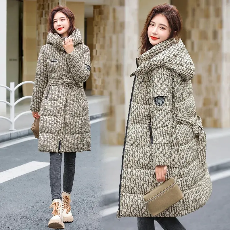 Winter Jacket Detachable Hat Printed Down Cotton Coat 2025 New Paraks Thicken Warm Long Padded Coat Womens Cothing Outerwear