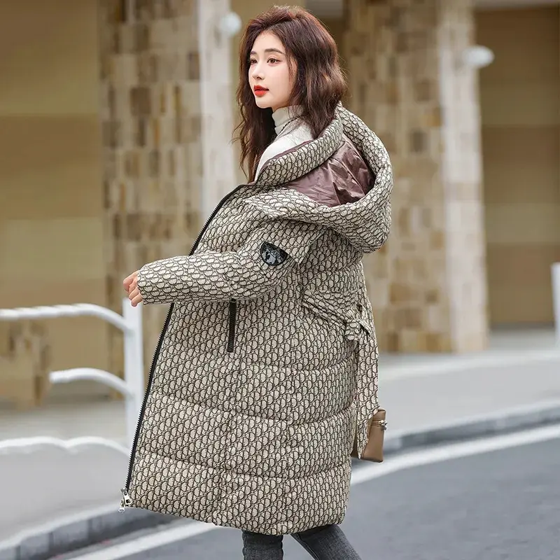 Winter Jacket Detachable Hat Printed Down Cotton Coat 2025 New Paraks Thicken Warm Long Padded Coat Womens Cothing Outerwear