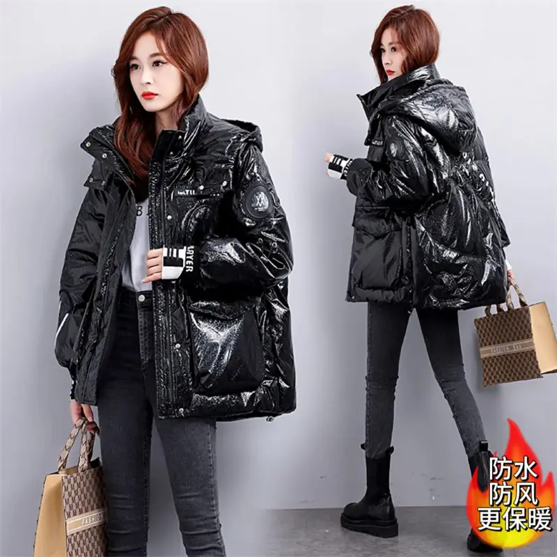 2025 New Winter Glossy Down Jacket Women's Fashion Letter Embroidery Down cotton Short Coat Warm Loose Women Casual Jackets