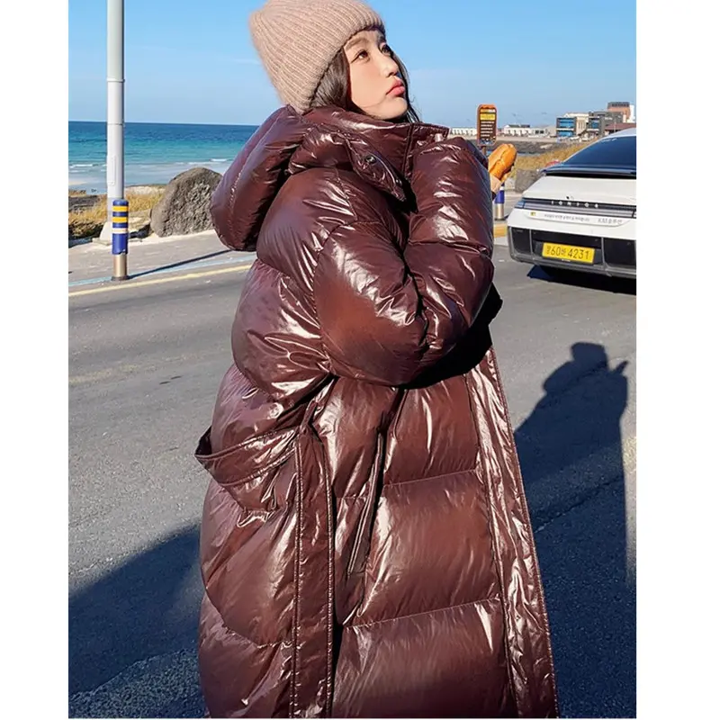 Chocolate Color Long Down Jacket Women's Winter Extra long Thicken Loose White duck down Coats Female Hooded Snow Parka Overcoat