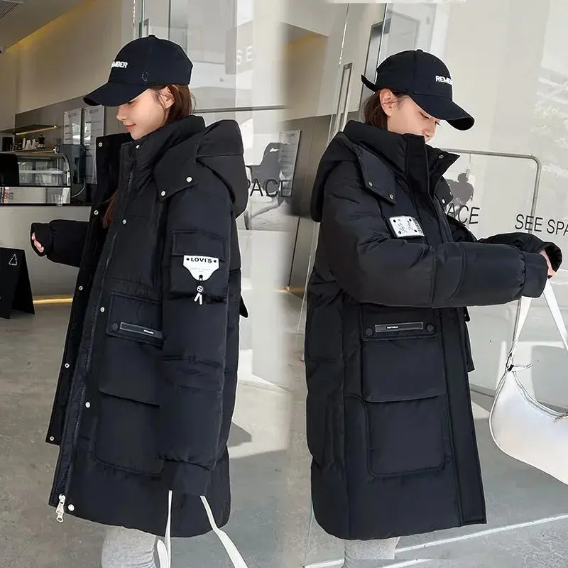 Winter Parka Woman Long Jacket Hooded Detachable Thicken Loose Zipper Pockets Warm Snow Wear 2024 New Woman Padded Coat