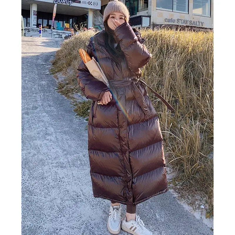 Chocolate Color Long Down Jacket Women's Winter Extra long Thicken Loose White duck down Coats Female Hooded Snow Parka Overcoat