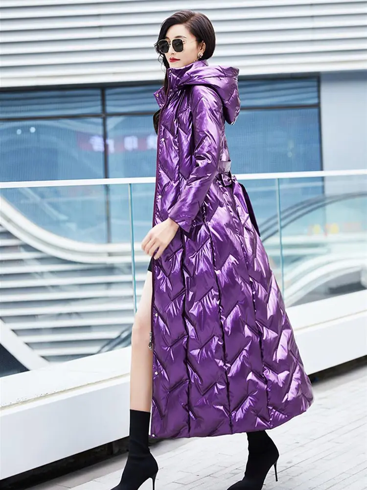 Purple Glossy Parka Coat Women's Fashion Thicken Winter Hooded Loose Long Jacket Female Windproof Rainproof Warm Outwear