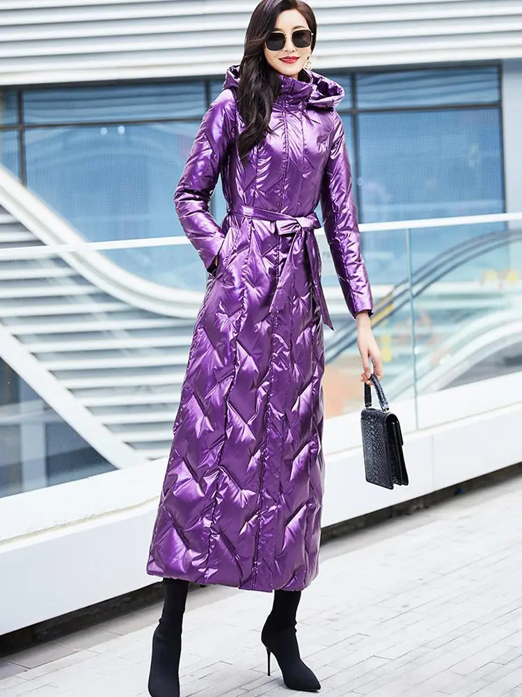 Purple Glossy Parka Coat Women's Fashion Thicken Winter Hooded Loose Long Jacket Female Windproof Rainproof Warm Outwear
