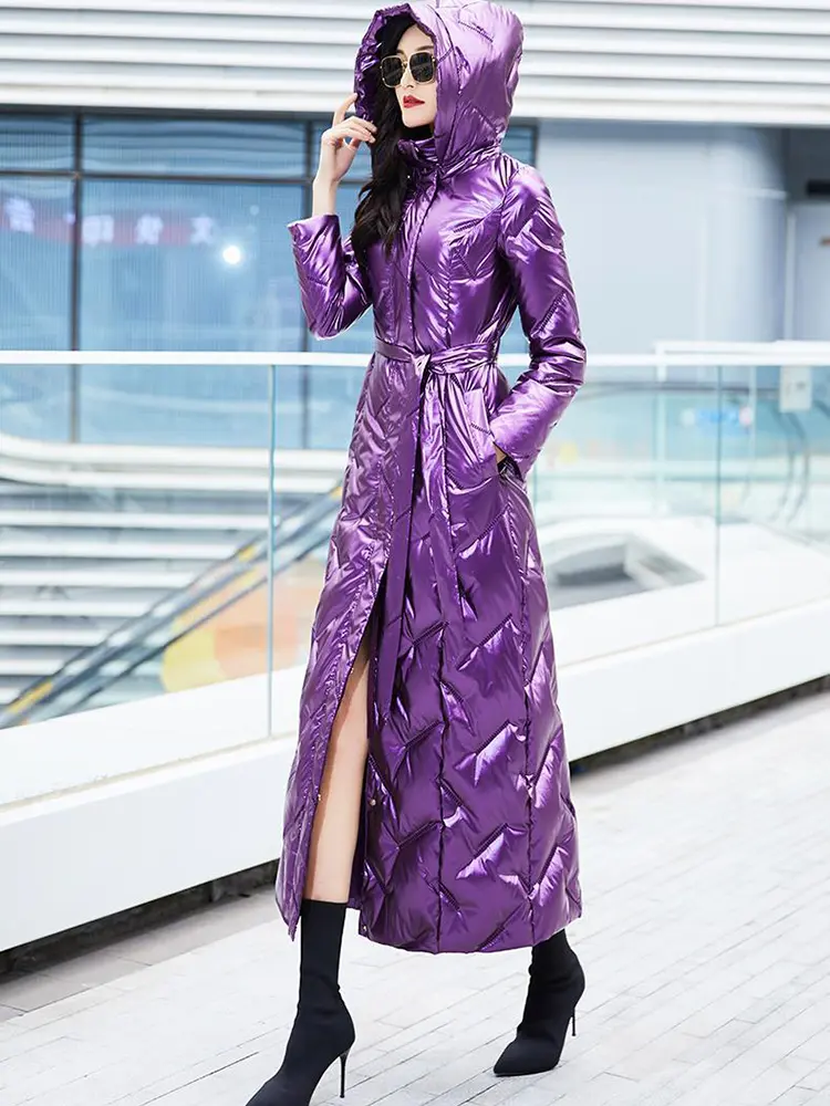 Purple Glossy Parka Coat Women's Fashion Thicken Winter Hooded Loose Long Jacket Female Windproof Rainproof Warm Outwear
