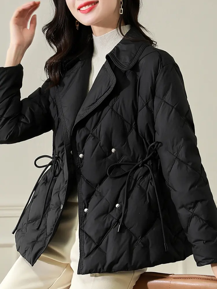 Women's Long-Sleeved Quilted Jacket, White Duck Down, Slim Jacket, Short Clothes, Top, Collar, Light, Winter