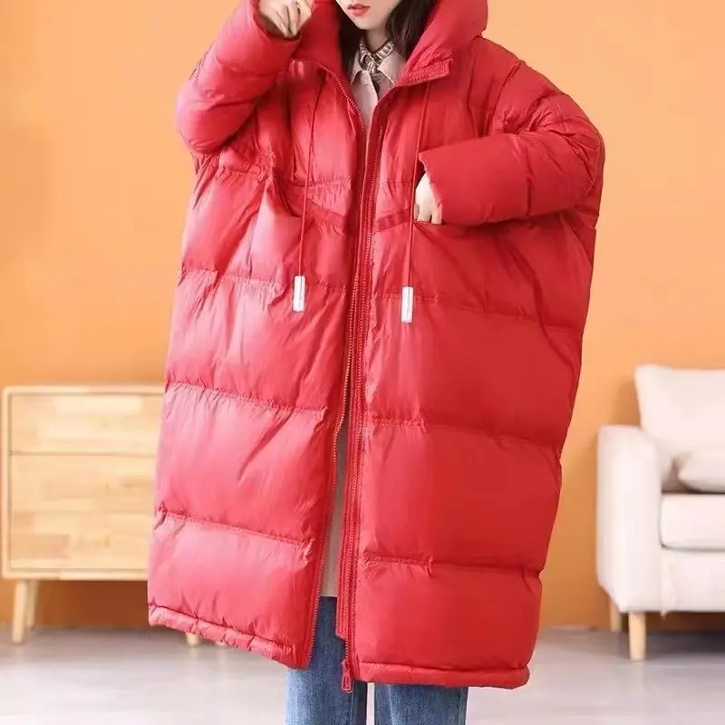 Winter Hooded Drawstring Loose Puffer Jacket Women Solid Oversize Casual Silhouette Long White Duck Down Warm Coat 2024 New Coat