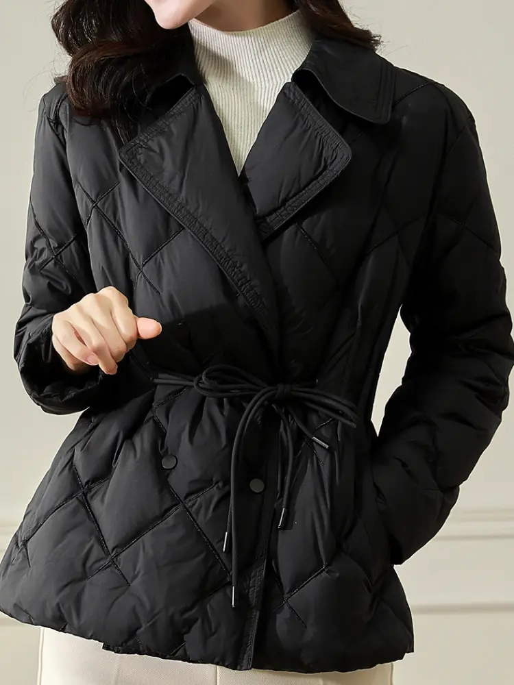 Women's Long-Sleeved Quilted Jacket, White Duck Down, Slim Jacket, Short Clothes, Top, Collar, Light, Winter
