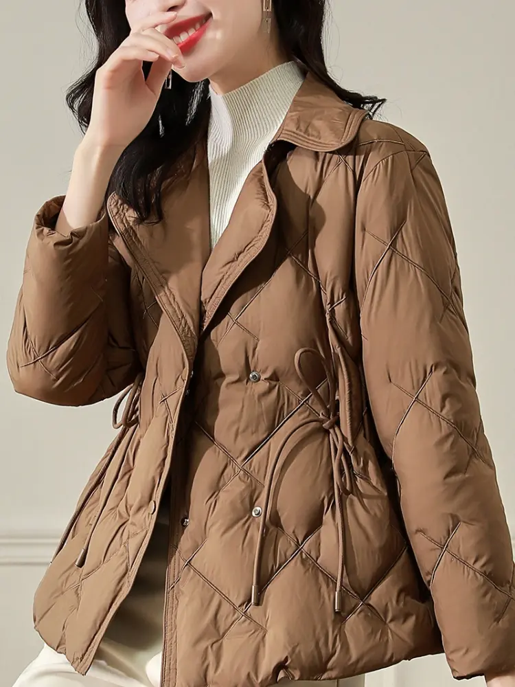 Women's Long-Sleeved Quilted Jacket, White Duck Down, Slim Jacket, Short Clothes, Top, Collar, Light, Winter