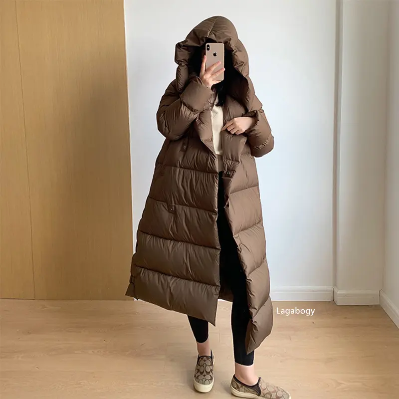 Lagabogy 2025 Top Quality Winter Women Puffer Jacket Long Hooded Parka Lightweight Warm 90% White Duck Down Coats Female Outwear