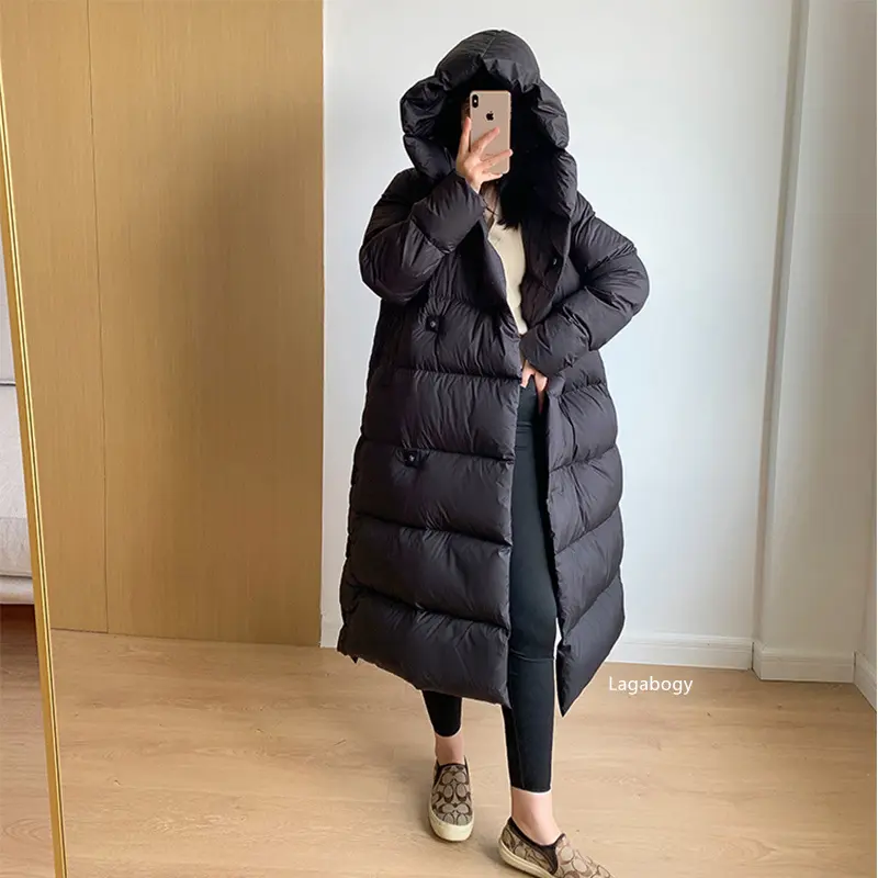 Lagabogy 2025 Top Quality Winter Women Puffer Jacket Long Hooded Parka Lightweight Warm 90% White Duck Down Coats Female Outwear