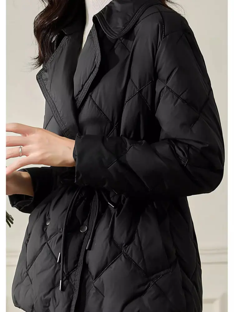 Women's Long-Sleeved Quilted Jacket, White Duck Down, Slim Jacket, Short Clothes, Top, Collar, Light, Winter
