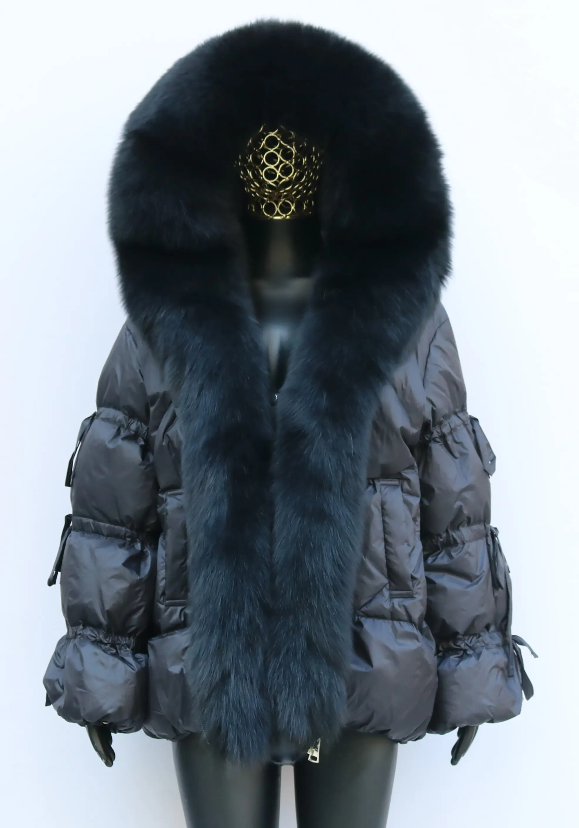Women's Winter Duck Down Jacket Genuine Fox Fur Hooded Down Coat Bread Outerwear Fashion Elegant Lantern Bow Sleeve