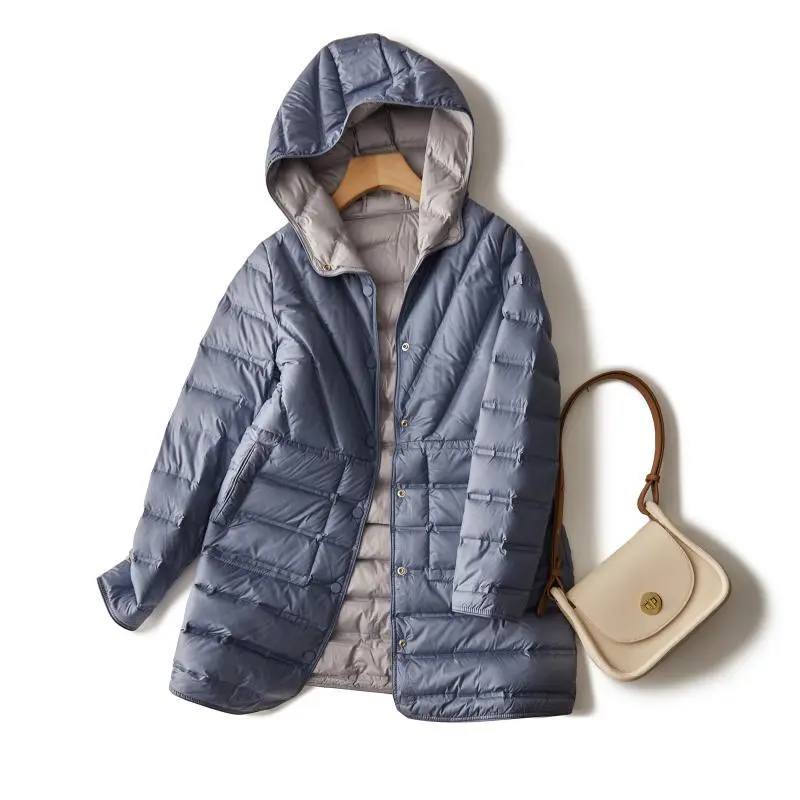 Janveny 2025 New Winter 90% Duck Down Jacket Women Long Puffer Coat Hooded Double Sided Wearing Autumn Female Ultra Light Parkas