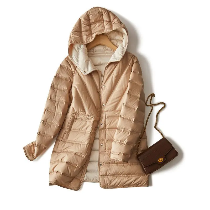 Janveny 2025 New Winter 90% Duck Down Jacket Women Long Puffer Coat Hooded Double Sided Wearing Autumn Female Ultra Light Parkas