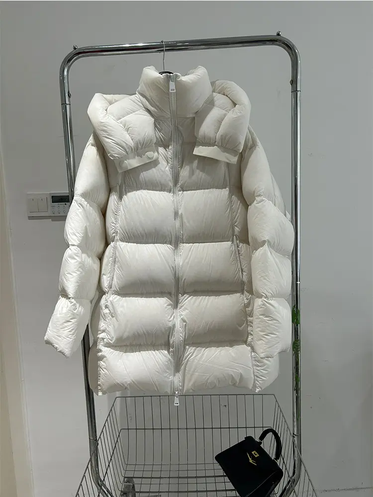 Lagabogy 2025 Women White Duck Down Jacket Mid-Long Cocoon Thickened Hooded Loose Korean Version Bread Puffer Coat Warm Outwear