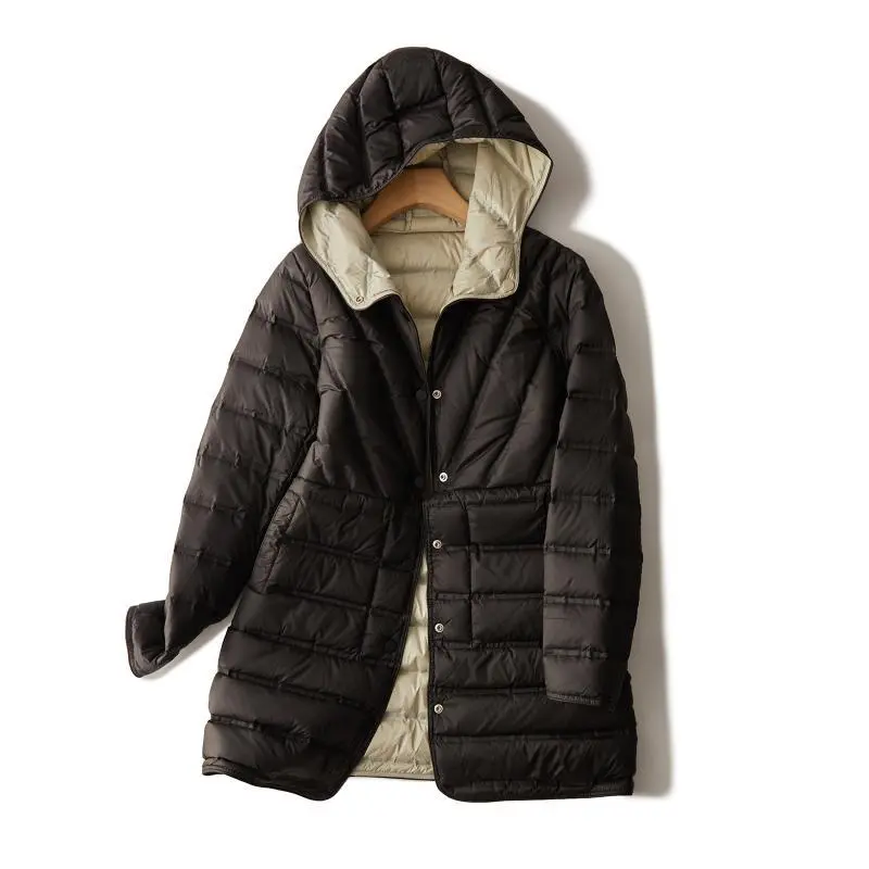 Janveny 2025 New Winter 90% Duck Down Jacket Women Long Puffer Coat Hooded Double Sided Wearing Autumn Female Ultra Light Parkas
