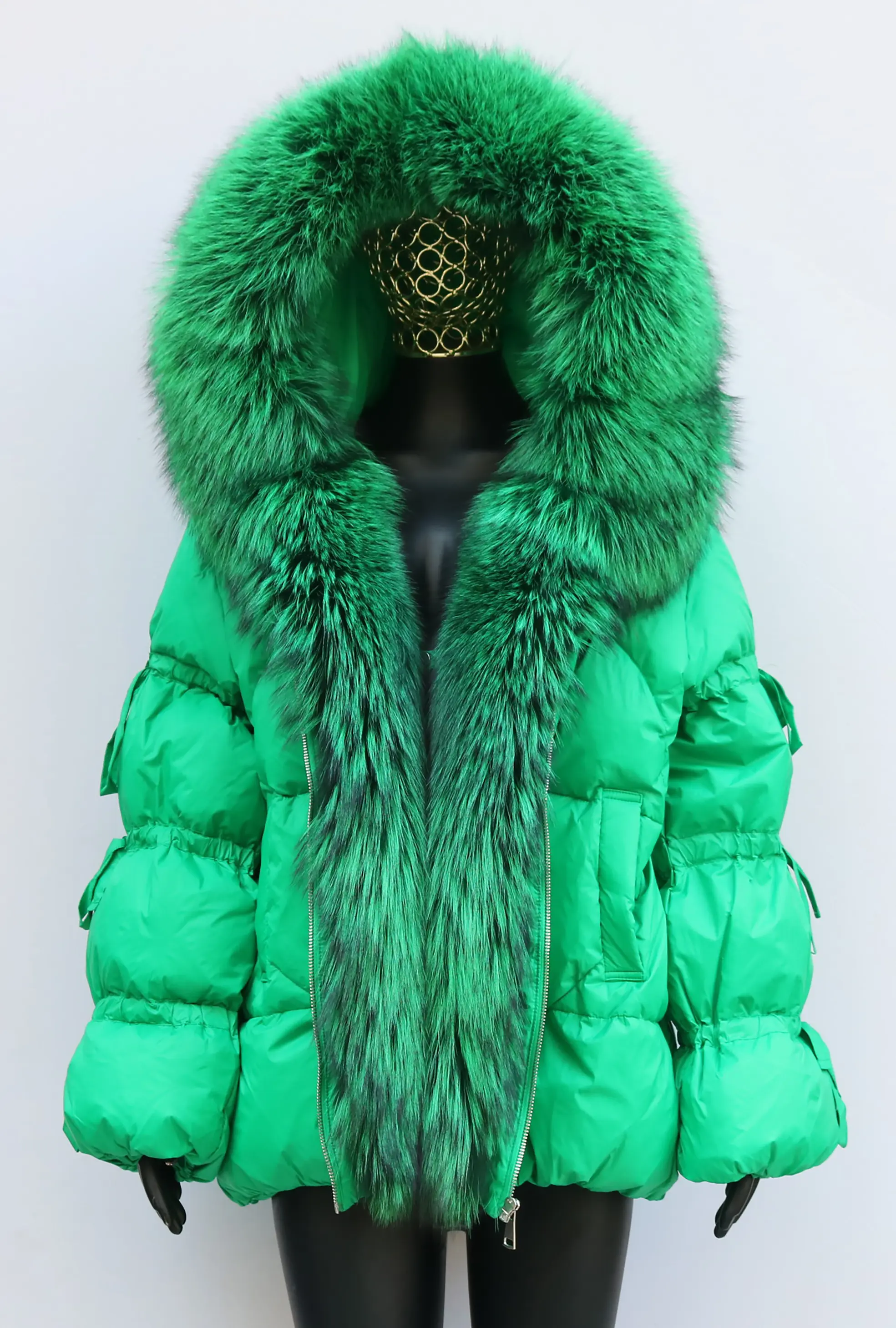 Women's Winter Duck Down Jacket Genuine Fox Fur Hooded Down Coat Bread Outerwear Fashion Elegant Lantern Bow Sleeve
