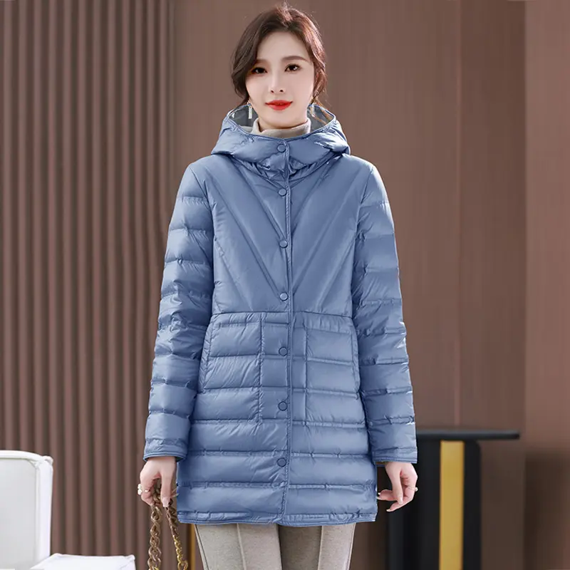 Janveny 2025 New Winter 90% Duck Down Jacket Women Long Puffer Coat Hooded Double Sided Wearing Autumn Female Ultra Light Parkas