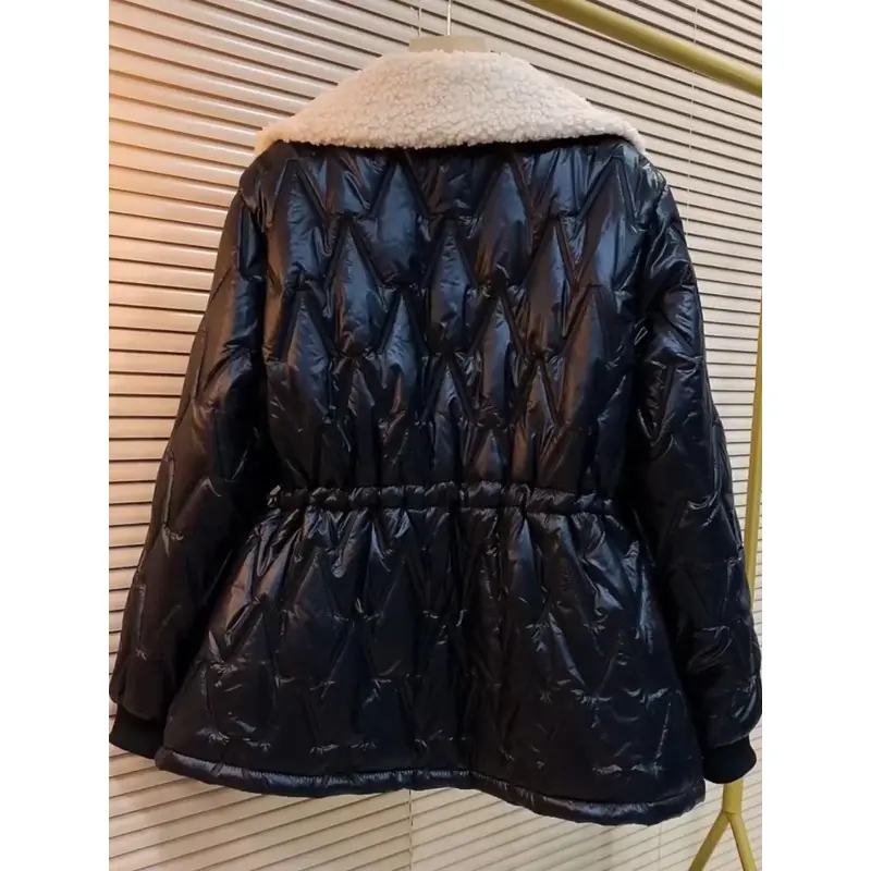Women's Slim Waist Cotton Coat, Winter Jacket, Female Parkas, Button Pocket Outwear, Large Size, Lamb Fur Lapel Overcoat, New