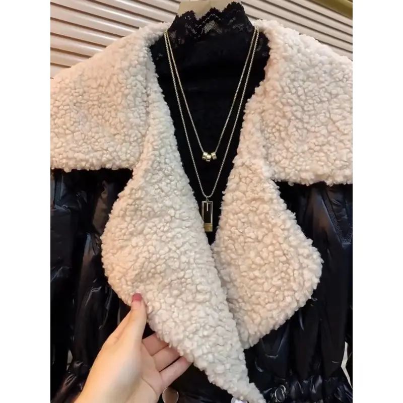 Women's Slim Waist Cotton Coat, Winter Jacket, Female Parkas, Button Pocket Outwear, Large Size, Lamb Fur Lapel Overcoat, New