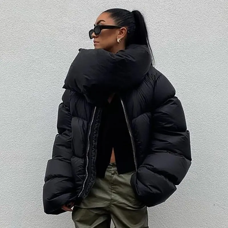 Womens Lightweight Quilted Jackets Long Sleeve Wrap Collar Zipper Cropped Puffer Jackets Coat Winter Warm Outerwear with Pocket
