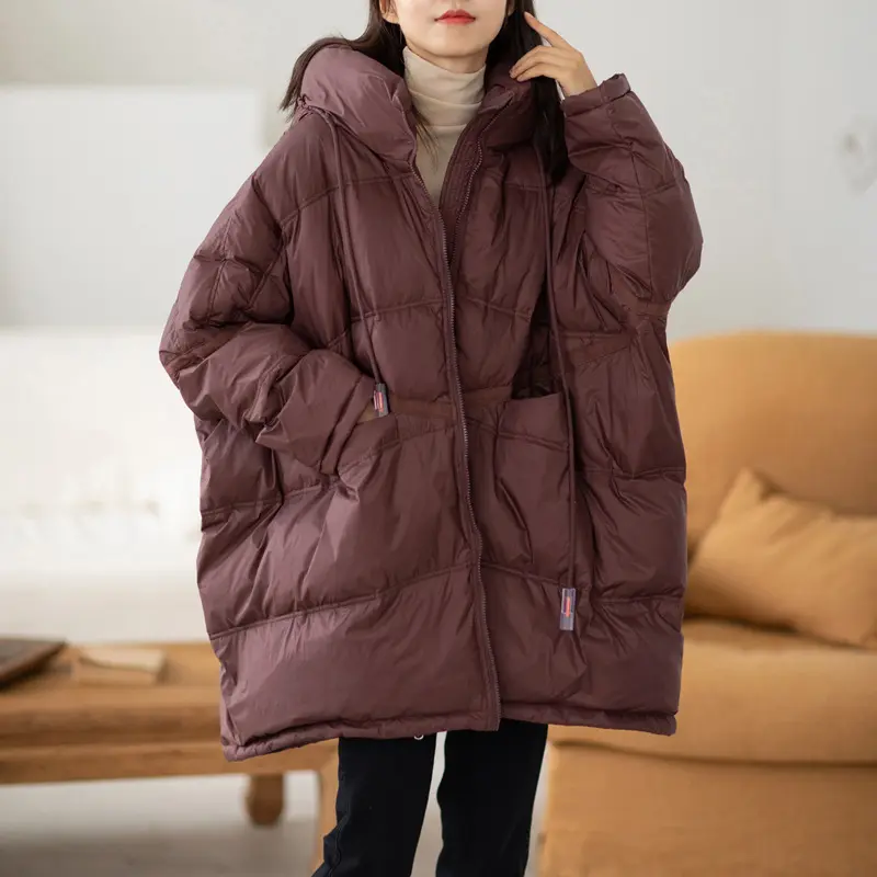 Lagabogy 2025 New Winter Women 90% White Duck Down Jacket Casual Loose Over Size Warm Parka Female Drawstring Hooded Puffer Coat