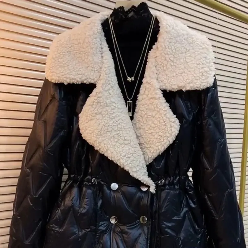 Women's Slim Waist Cotton Coat, Winter Jacket, Female Parkas, Button Pocket Outwear, Large Size, Lamb Fur Lapel Overcoat, New