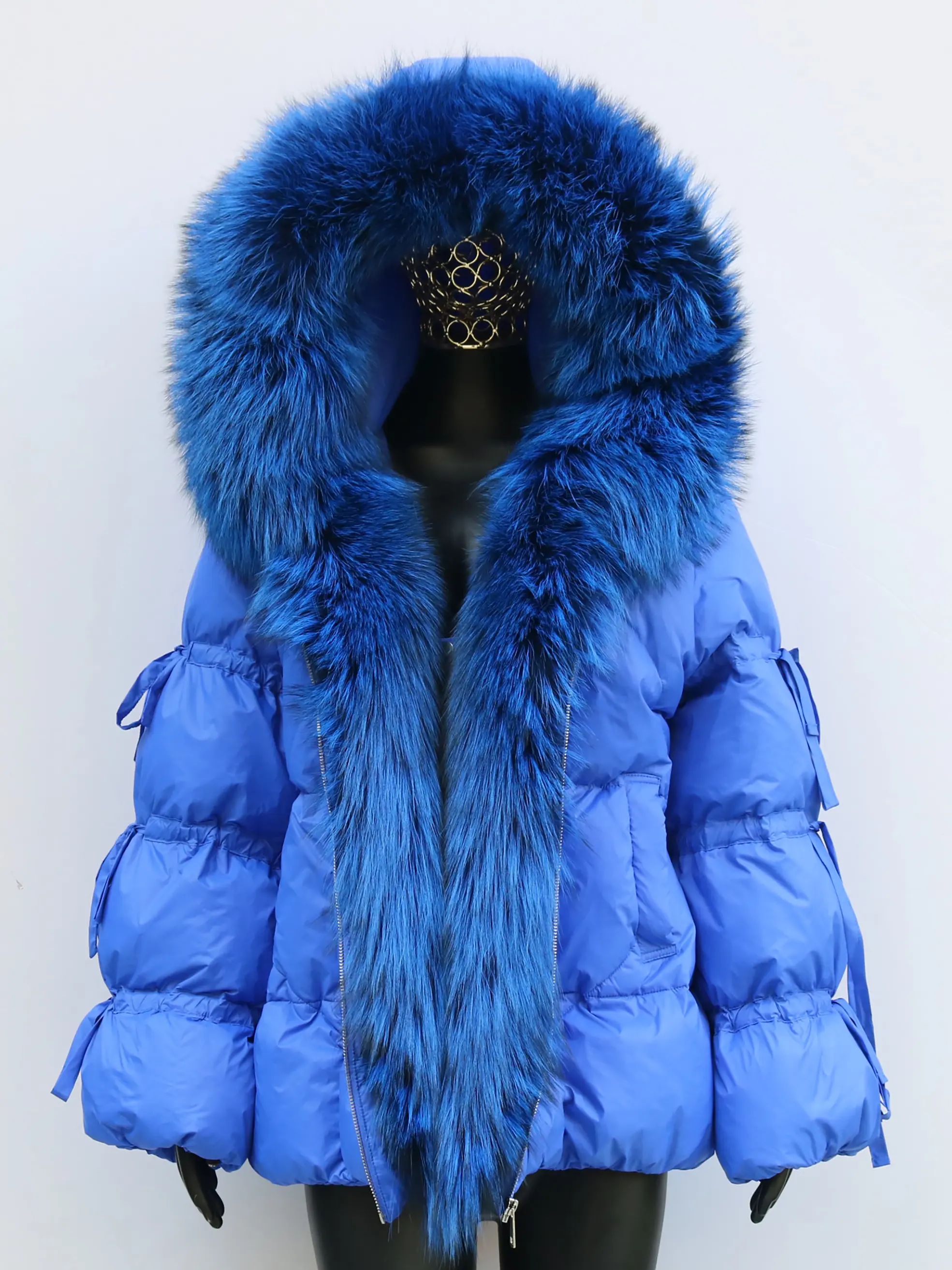 Women's Winter Duck Down Jacket Genuine Fox Fur Hooded Down Coat Bread Outerwear Fashion Elegant Lantern Bow Sleeve