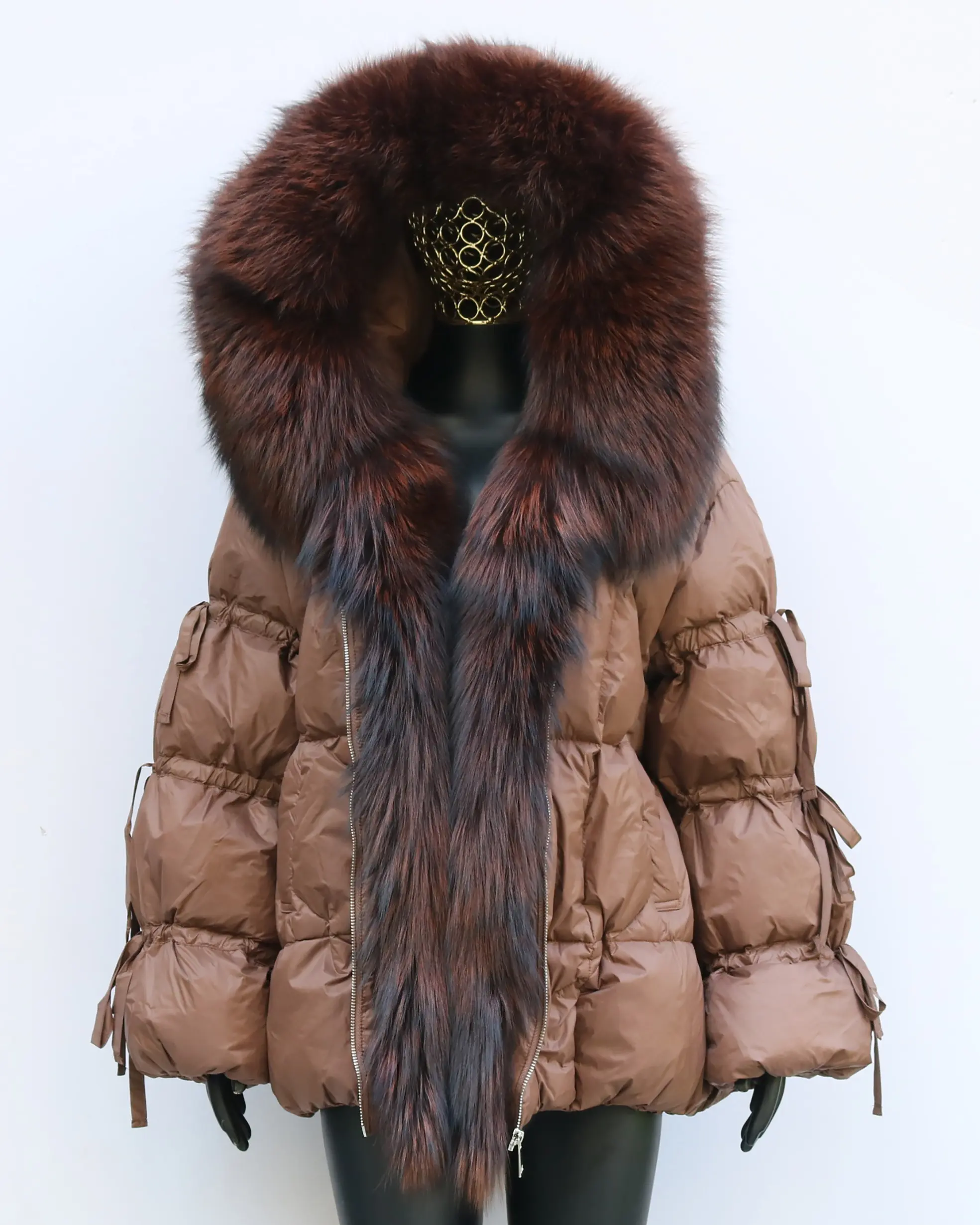 Women's Winter Duck Down Jacket Genuine Fox Fur Hooded Down Coat Bread Outerwear Fashion Elegant Lantern Bow Sleeve