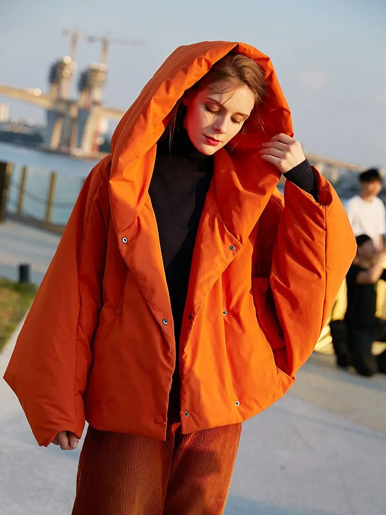 Winter Women's Parkas Fashion Tide Loose Fluffy Orange Red Oversized Down Jacket New Hooded Long Sleeve Warm Coats F2531