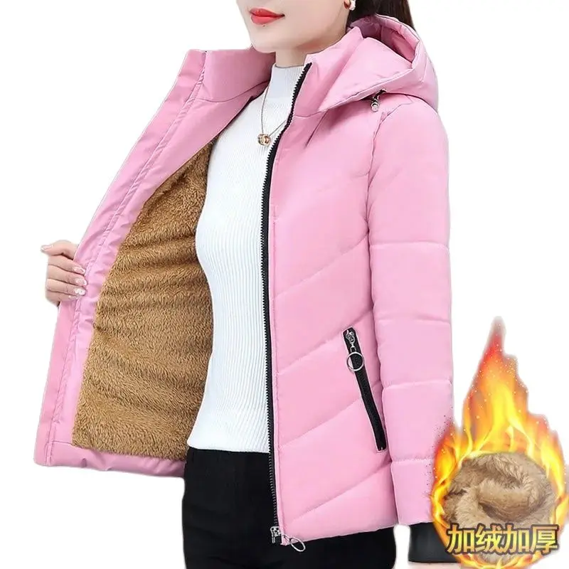 2025 New Women Add Velvet Cotton Jacket Female Winter Fleece Warm Hood Fashion Coat Ladies Down Padded Jackets M- 5XL Coat
