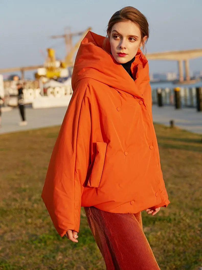 Winter Women's Parkas Fashion Tide Loose Fluffy Orange Red Oversized Down Jacket New Hooded Long Sleeve Warm Coats F2531