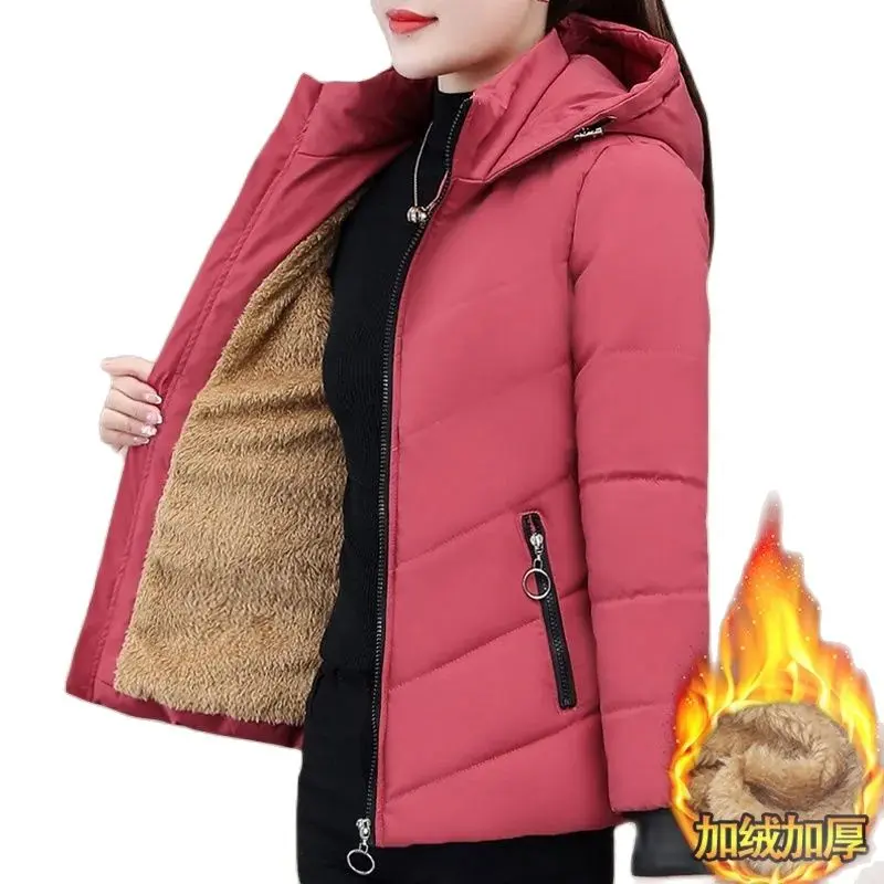 2025 New Women Add Velvet Cotton Jacket Female Winter Fleece Warm Hood Fashion Coat Ladies Down Padded Jackets M- 5XL Coat