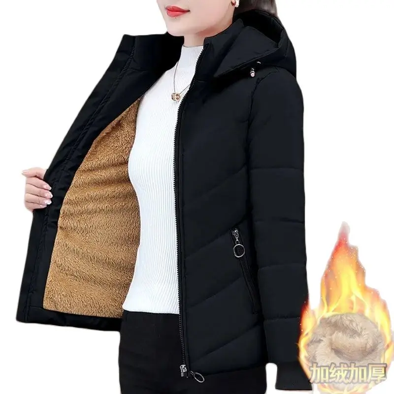 2025 New Women Add Velvet Cotton Jacket Female Winter Fleece Warm Hood Fashion Coat Ladies Down Padded Jackets M- 5XL Coat