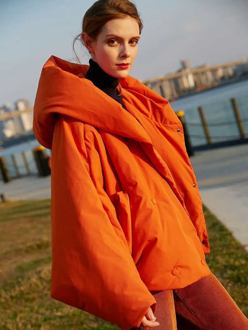 Winter Women's Parkas Fashion Tide Loose Fluffy Orange Red Oversized Down Jacket New Hooded Long Sleeve Warm Coats F2531