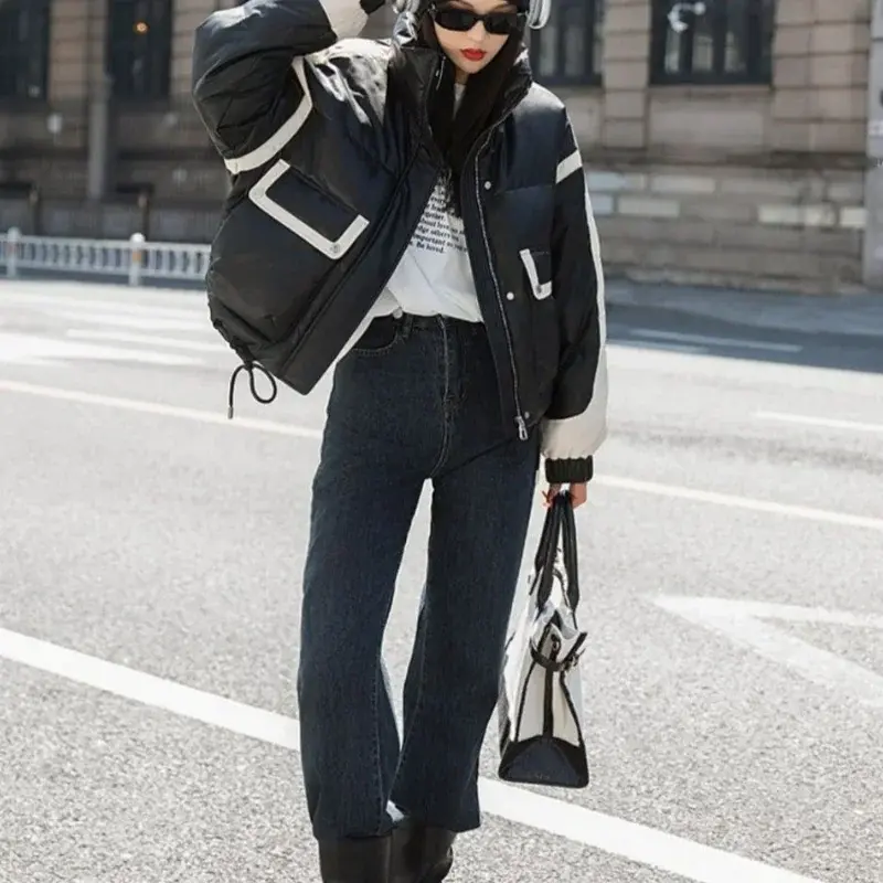 Fashion Trend Jacket Machine Washable Down Jacket Autumn Winter New Stand-up Collar Contrasting Color Splicing Bread Jacket