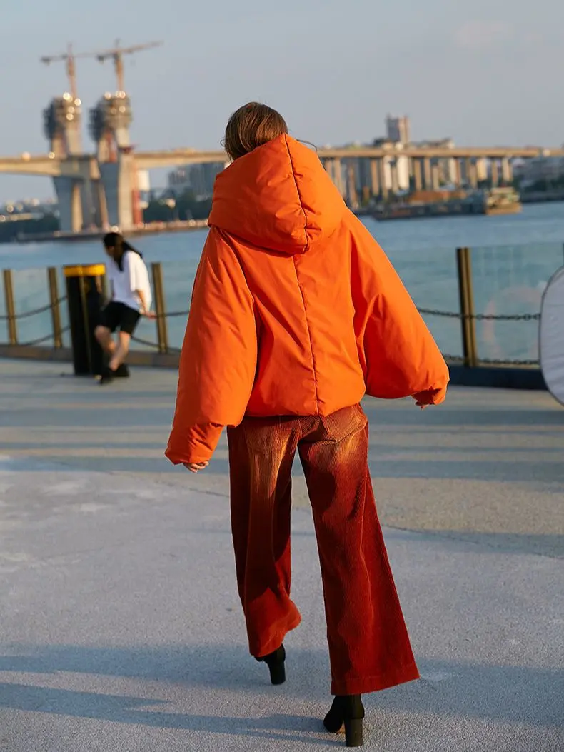 Winter Women's Parkas Fashion Tide Loose Fluffy Orange Red Oversized Down Jacket New Hooded Long Sleeve Warm Coats F2531