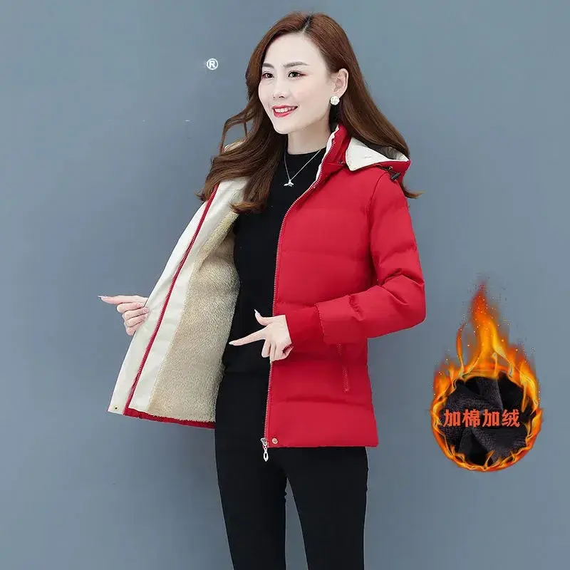 Winter Ladies Jacket New 2025 Add Velvet Add Cotton Down Cotton Clothes Women Coats Loose Removable Cap Warm Female Outerwear